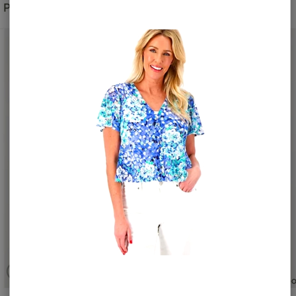 QVC Susan Graver Printed Pointelle Knit Button Front Cropped Shrug Indigo 4XL